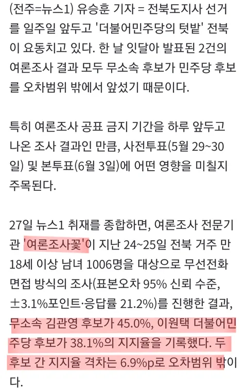 전북도지사 여조는 무소속 김관영 지사가 오차범위 밖이네요