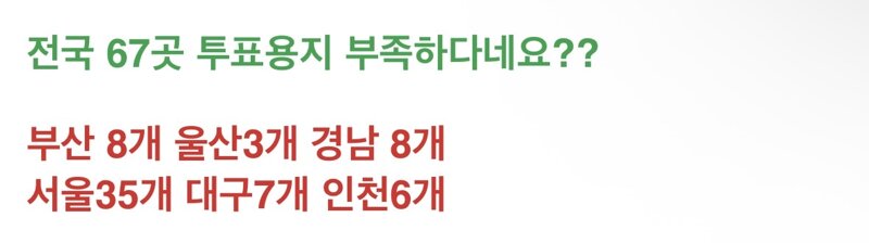 선관위 : 전국50개 투표소에서 투표용지 부족 사태 발생