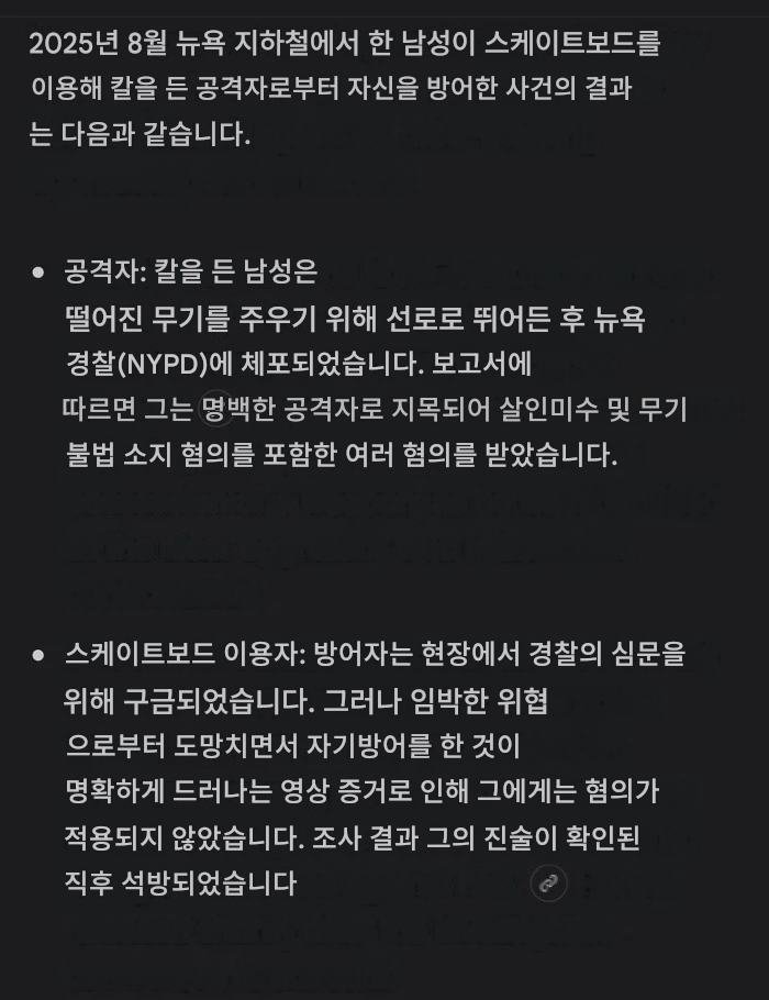뉴욕 지하철 역에서 일어난 정당방위...