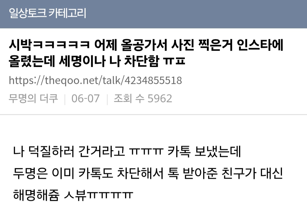 인스타에 덕질사진 올렸는데 친구세명한테 차단당한 일톡러
