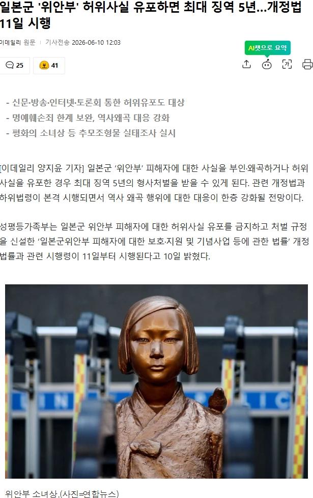 일본군 '위안부' 허위사실 유포하면 최대 징역 5년…개정법 11일 시행