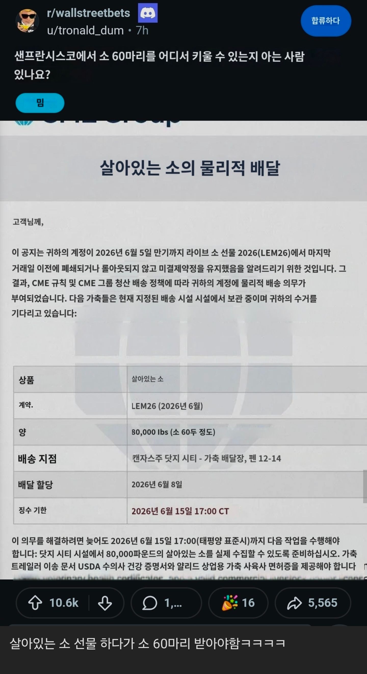 주식시장에서 선물 하다가 소 팔게 됨