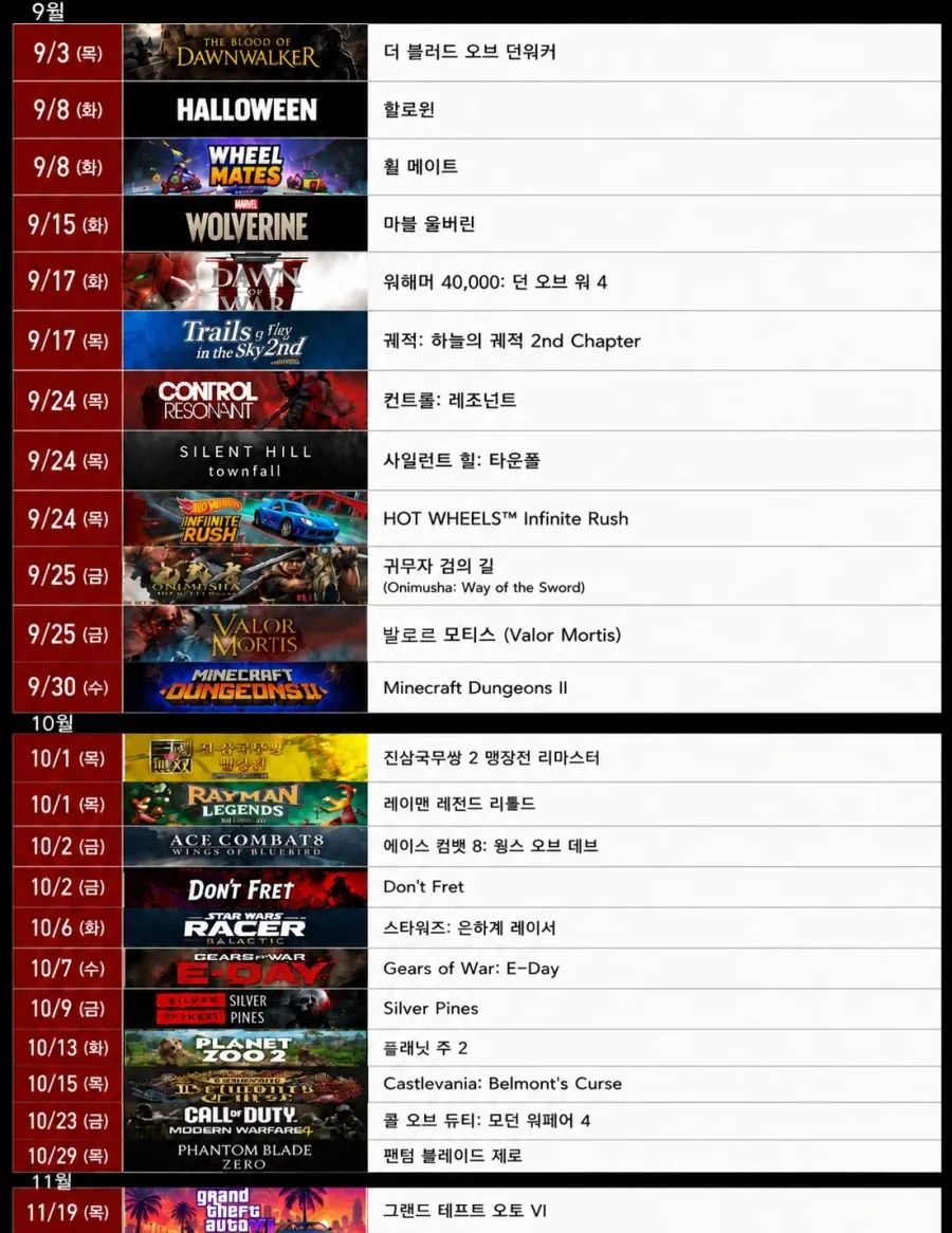 게임) 9월 ~11월 기대작 발매 일정