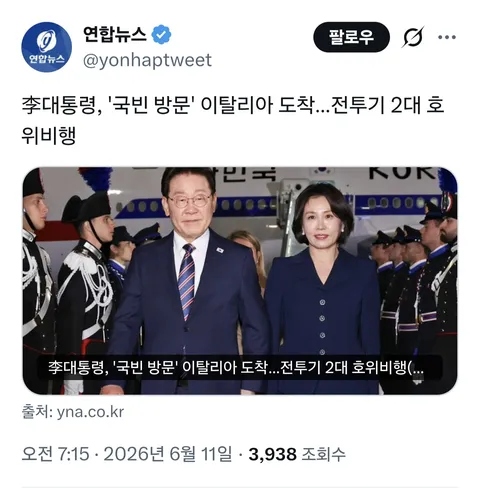 이재명 대통령 이탈리아 방문 호위기사에 달린 극우 댓글
