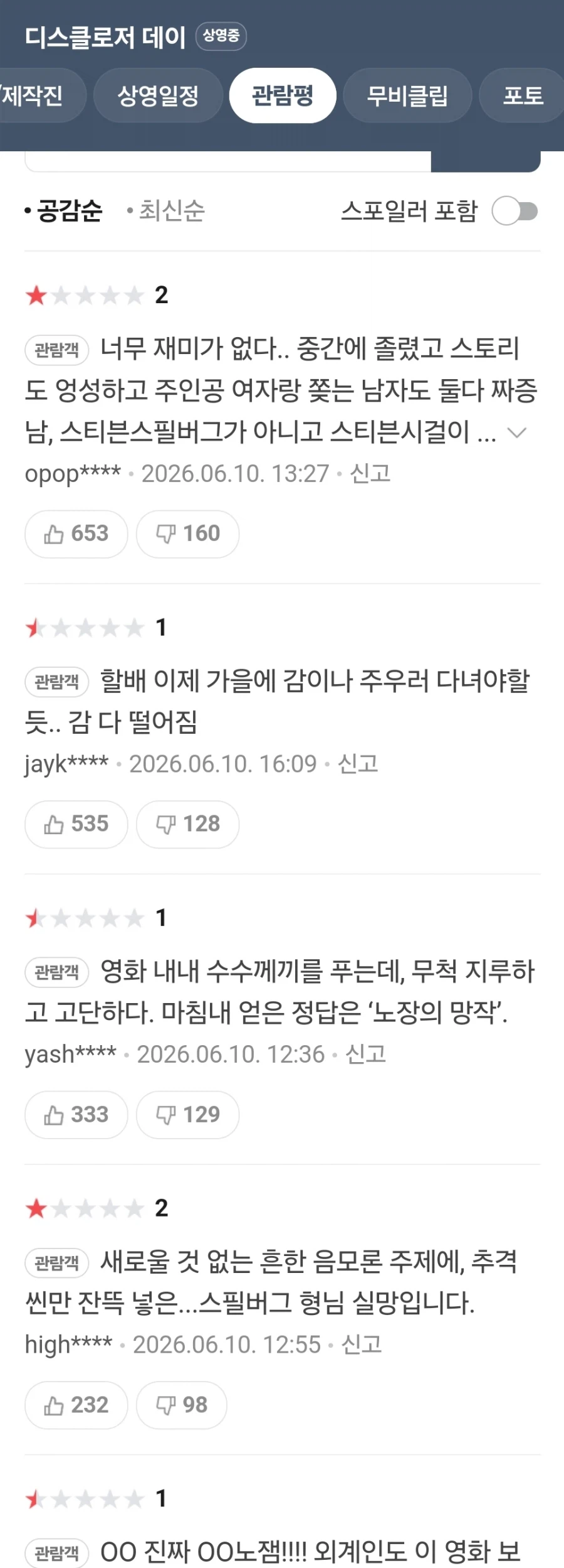 스필버그 감독 신작 영화 국내 관람평