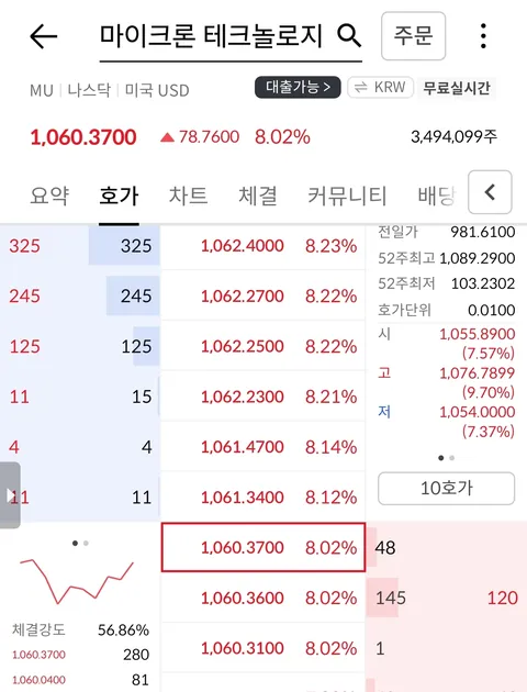 마이크론 8%대 급등중