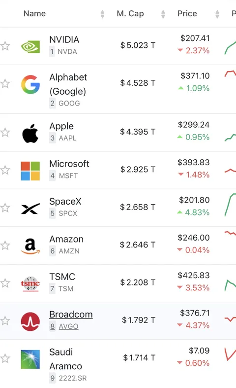글로벌 시가 총액 순위 - SpaceX 5위, 삼성전자 12위, SK 하이닉스 13위