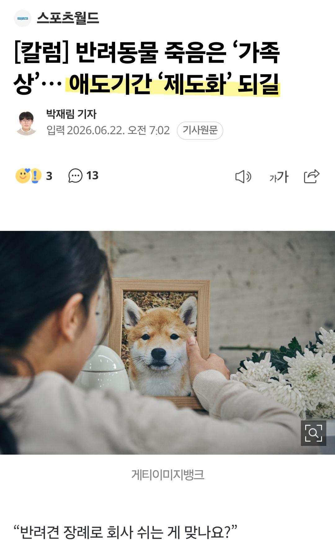 반려동물 죽음은 가족상...애도기간 제도화 되길.