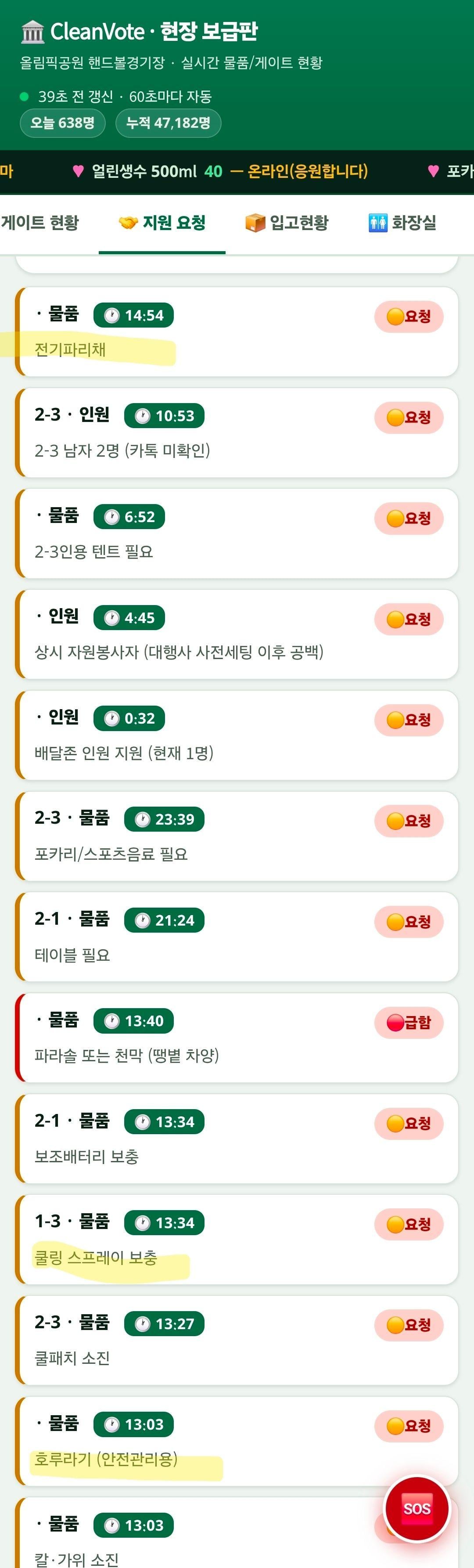 올공 시위대 물품 지원 요청 어플 현황