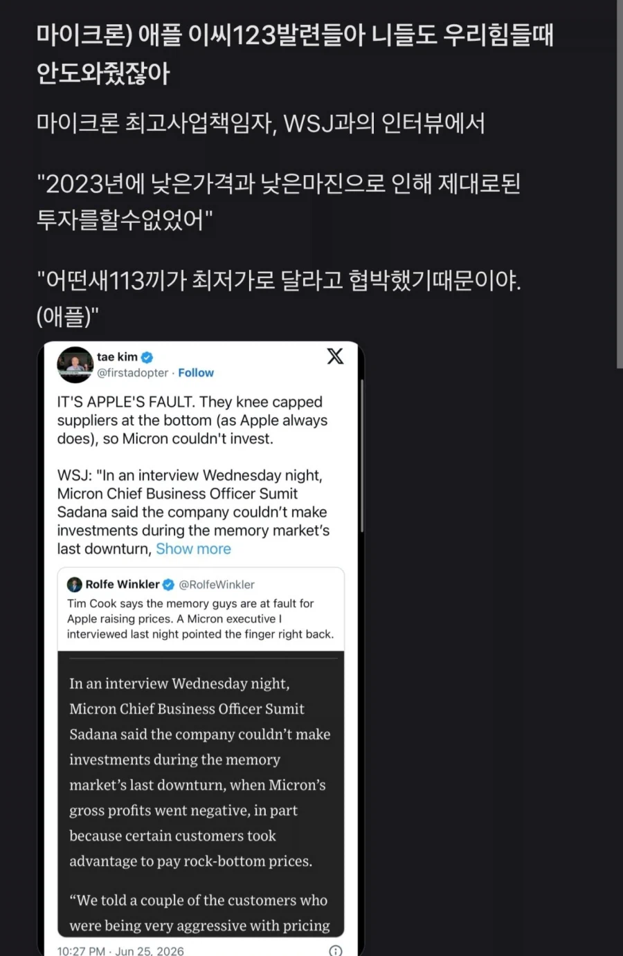 애플)마이크론이 같은 미국 기업 애플 신명나게 줘패는 이유