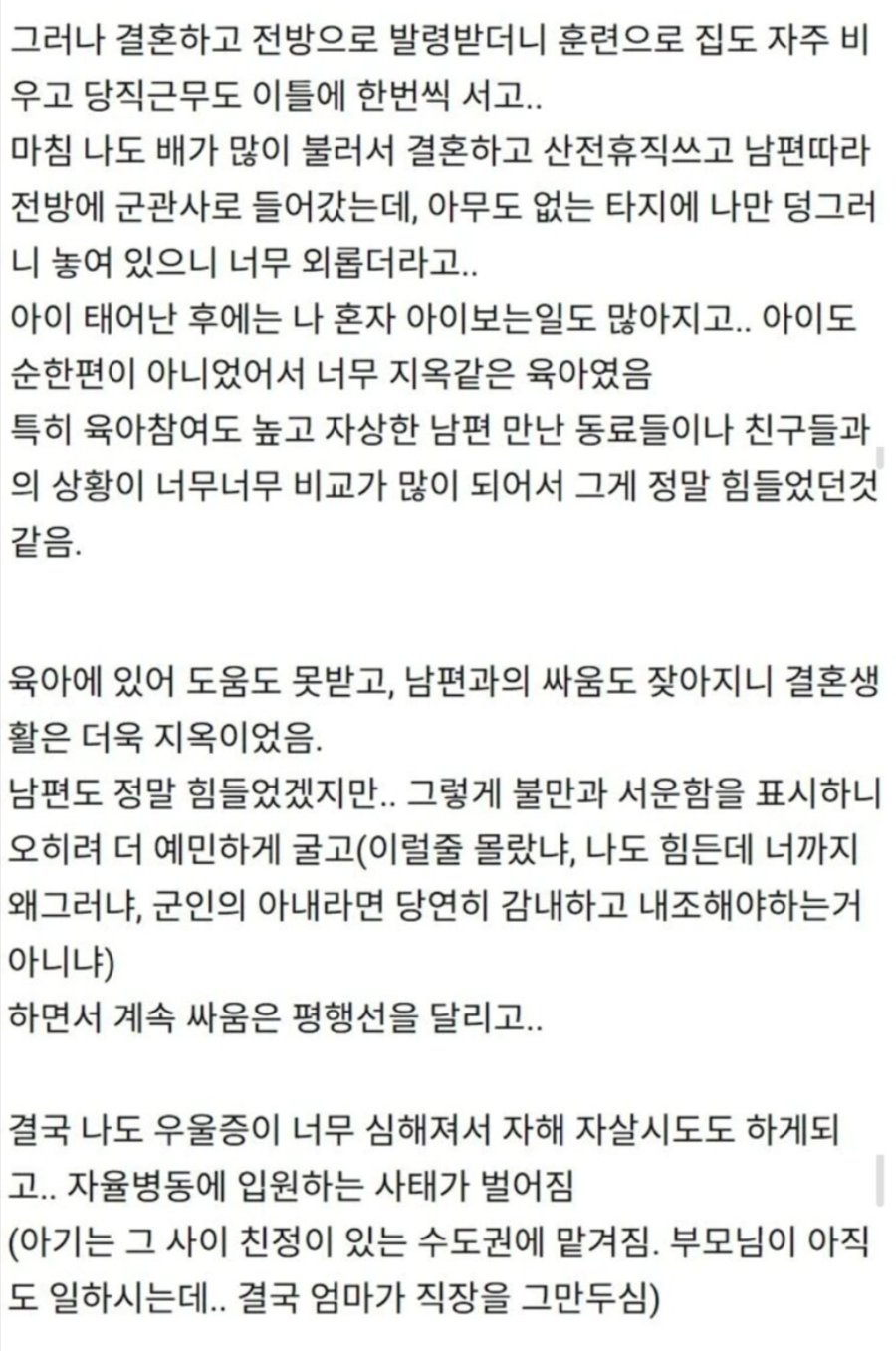직업군인이랑 결혼했다가 너무 힘들어서 양육권 포기하고 이혼함