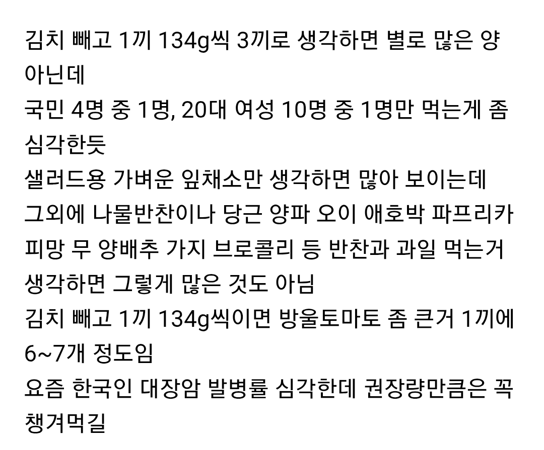 생각보다 기준 미달인 사람이 많다는 채소 과일 섭취 권장량.