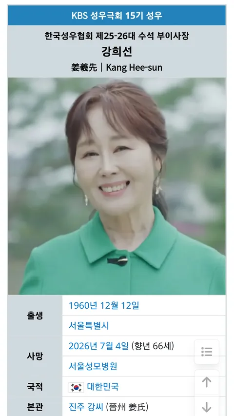 짱구 엄마 성우 강희선 별세, 향년 66세