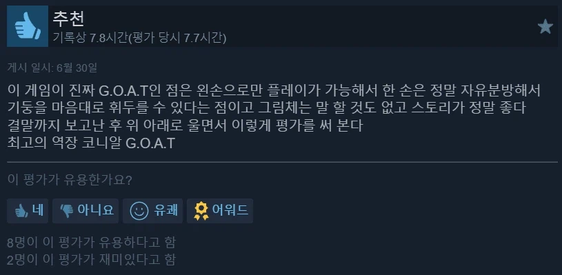 스팀에서 압도적으로 긍정적 찍은 게임