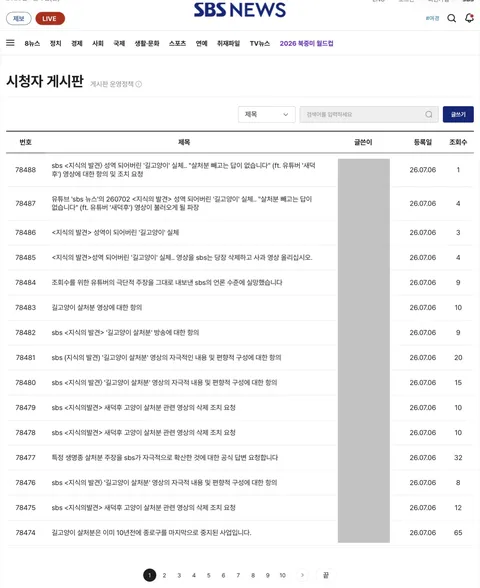 SBS 뉴스 시청자 게시판에 몰려 간 캣맘들