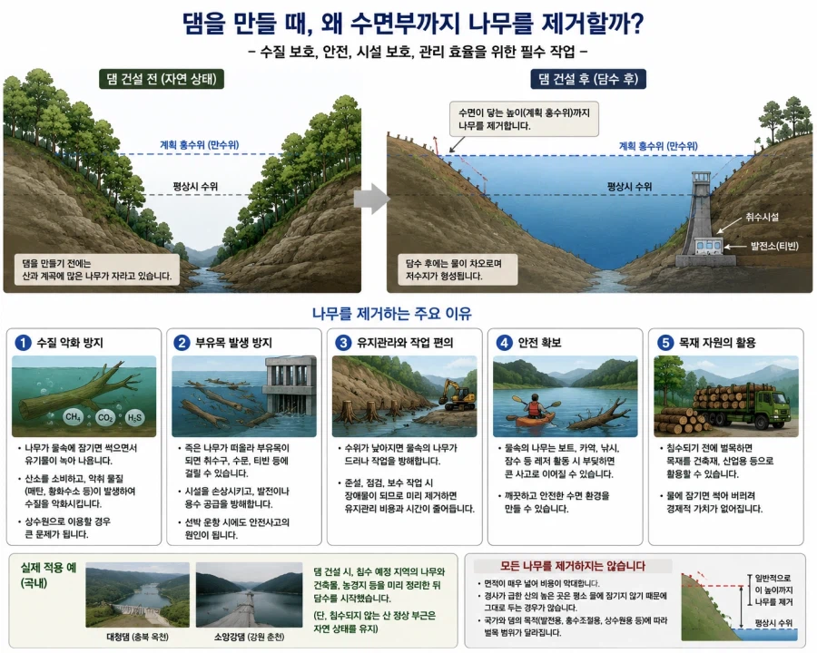 댐을 건설할 때 댐의 주변에 있는 산의 나무들을 제거하는 이유는 무엇일까?