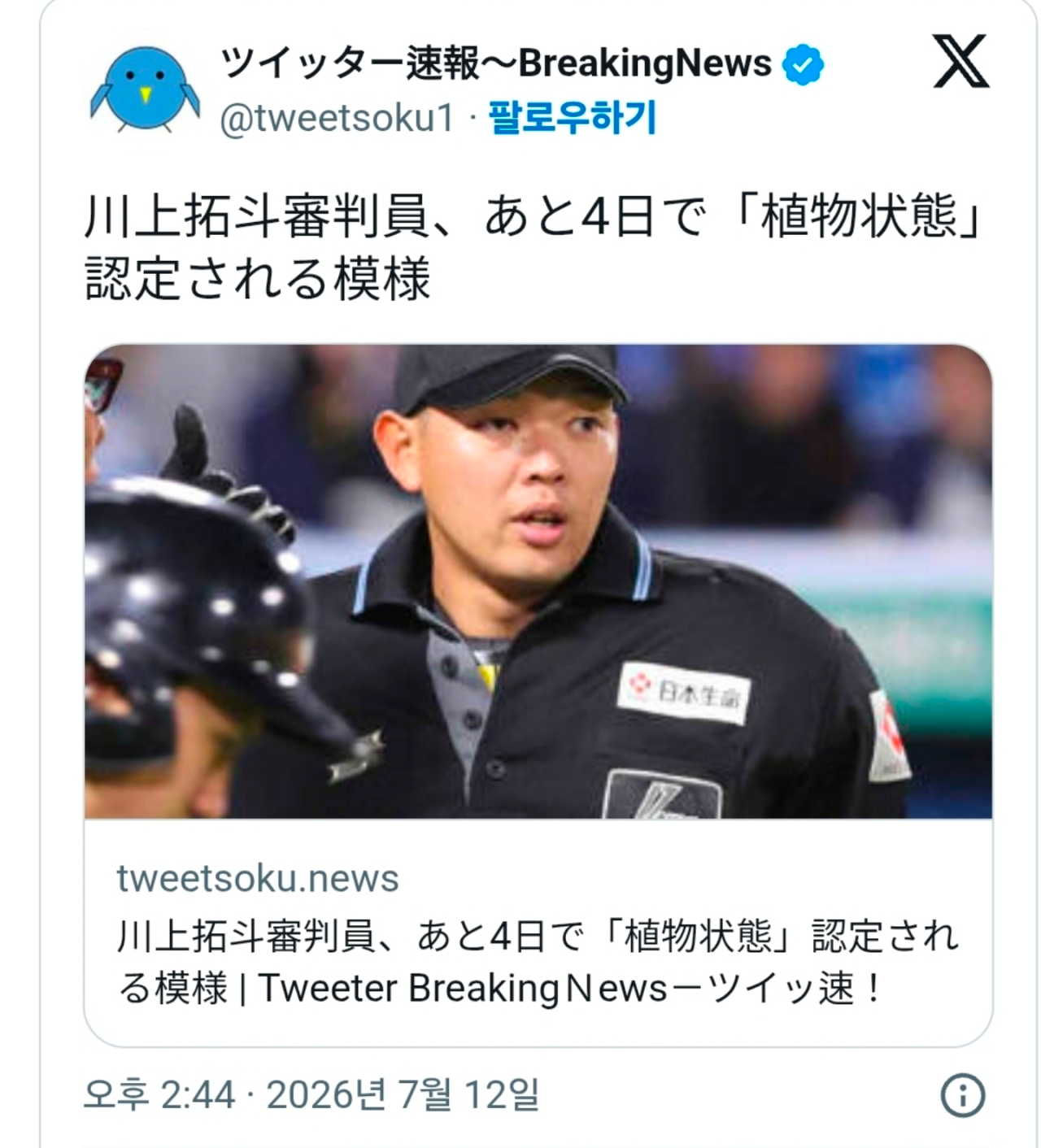 배트 맞아 쓰러진 일본 심판 4일뒤 뇌사 판정 예정
