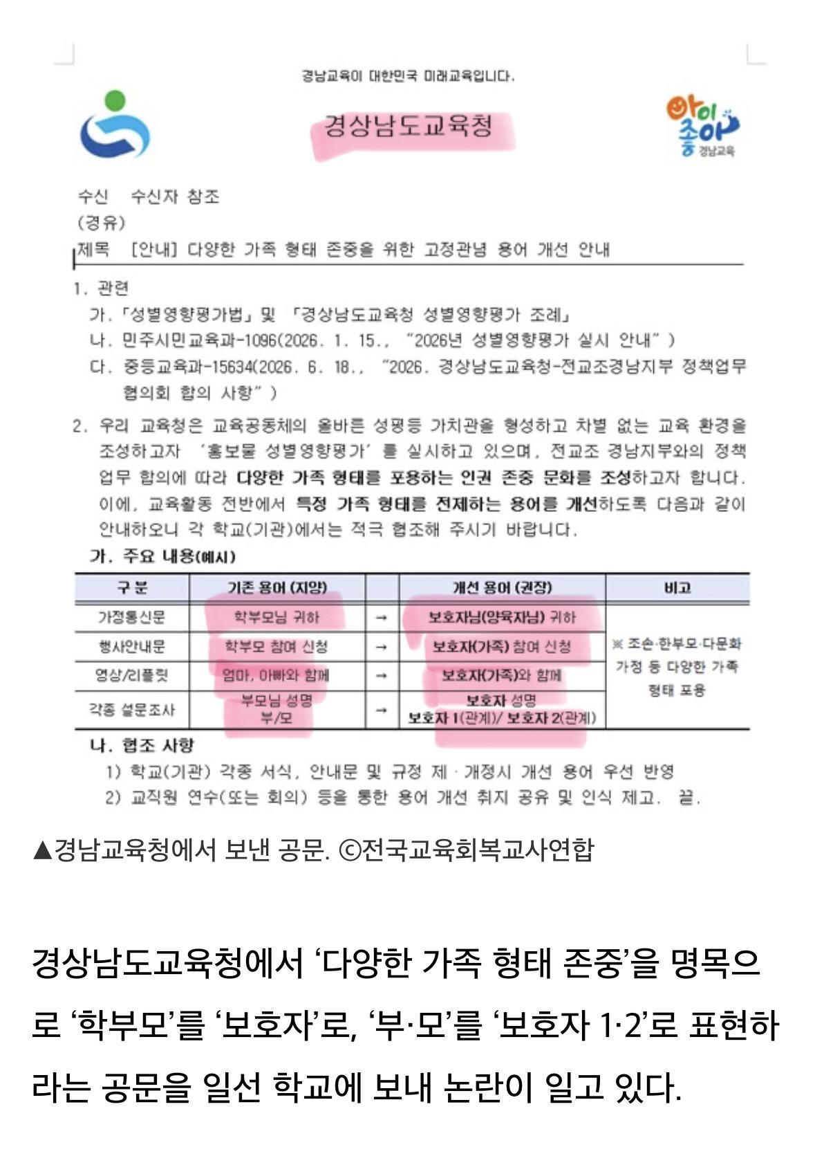 “아빠, 엄마 대신 보호자1, 보호자2 용어 써라”