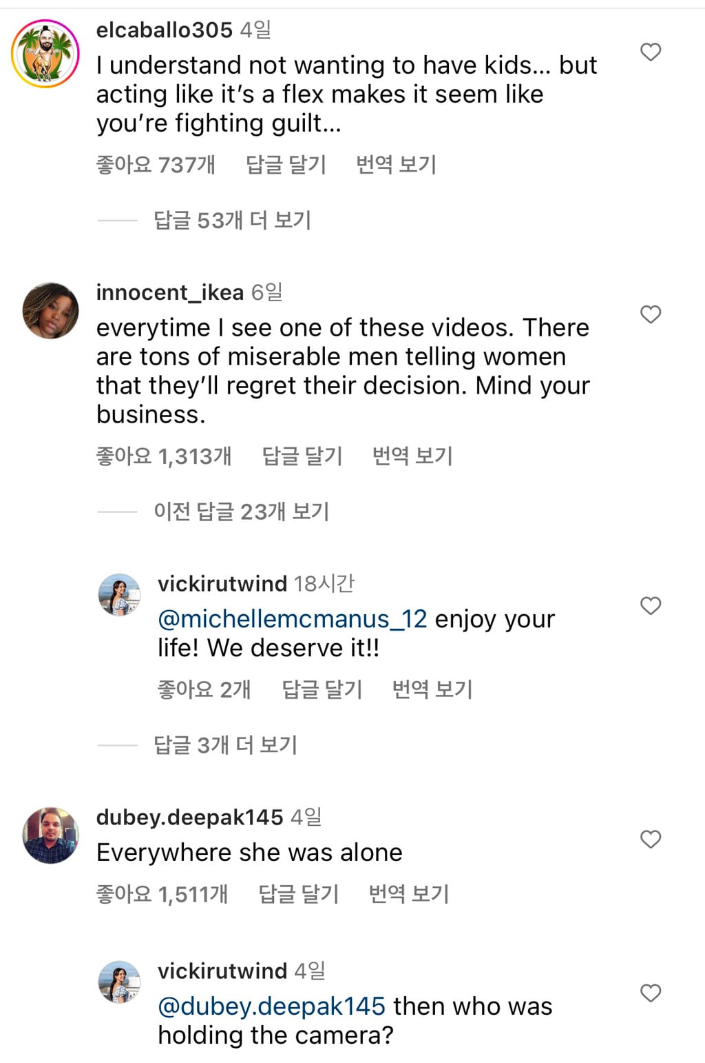 39살 비혼 비출산 여성 인스타 릴스에 달린 양남들 댓글