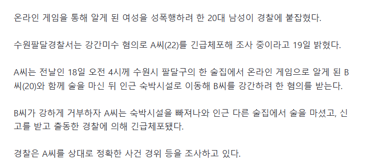 온라인 게임서 만난 여성 성폭행 시도한 20대 체포
