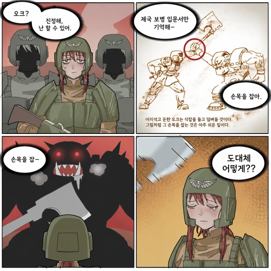 "교본대로만 행동하면 가드맨도 오크를 죽일 수 있다!!"