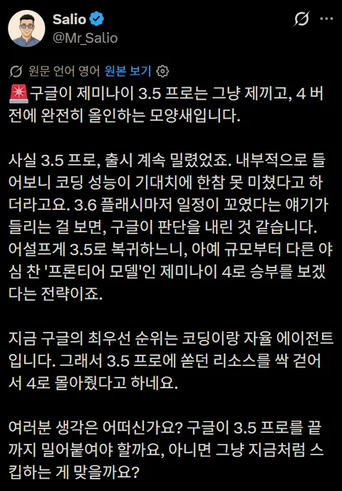 제미나이 3.5 프로는 축소하는 분위기, 제미나이 4에 올인하는 분위기