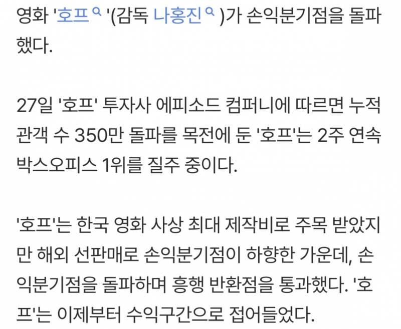 나홍진 '호프', 손익분기점 돌파