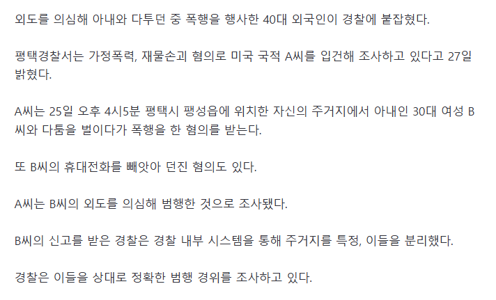 외도 의심해 다투다 아내 폭행한 40대 외국인 체포