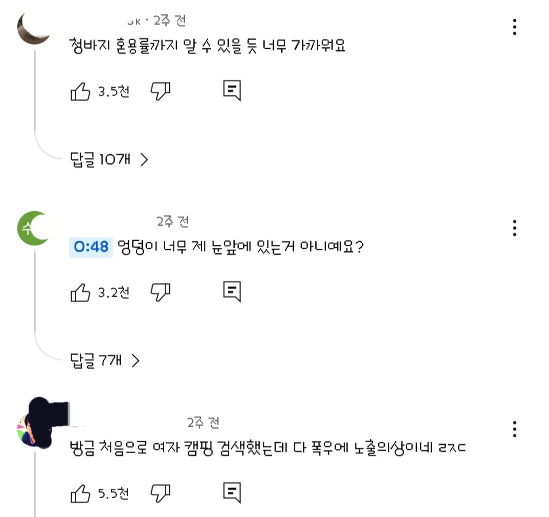 댓글들 난리난 노출 심한 차림으로 우중캠핑하는 일부 유튜버들 풍자한 엄은향