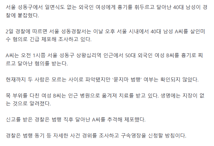 경찰, 성동구서 외국인 여성에 흉기 휘두른 40대 남성 체포