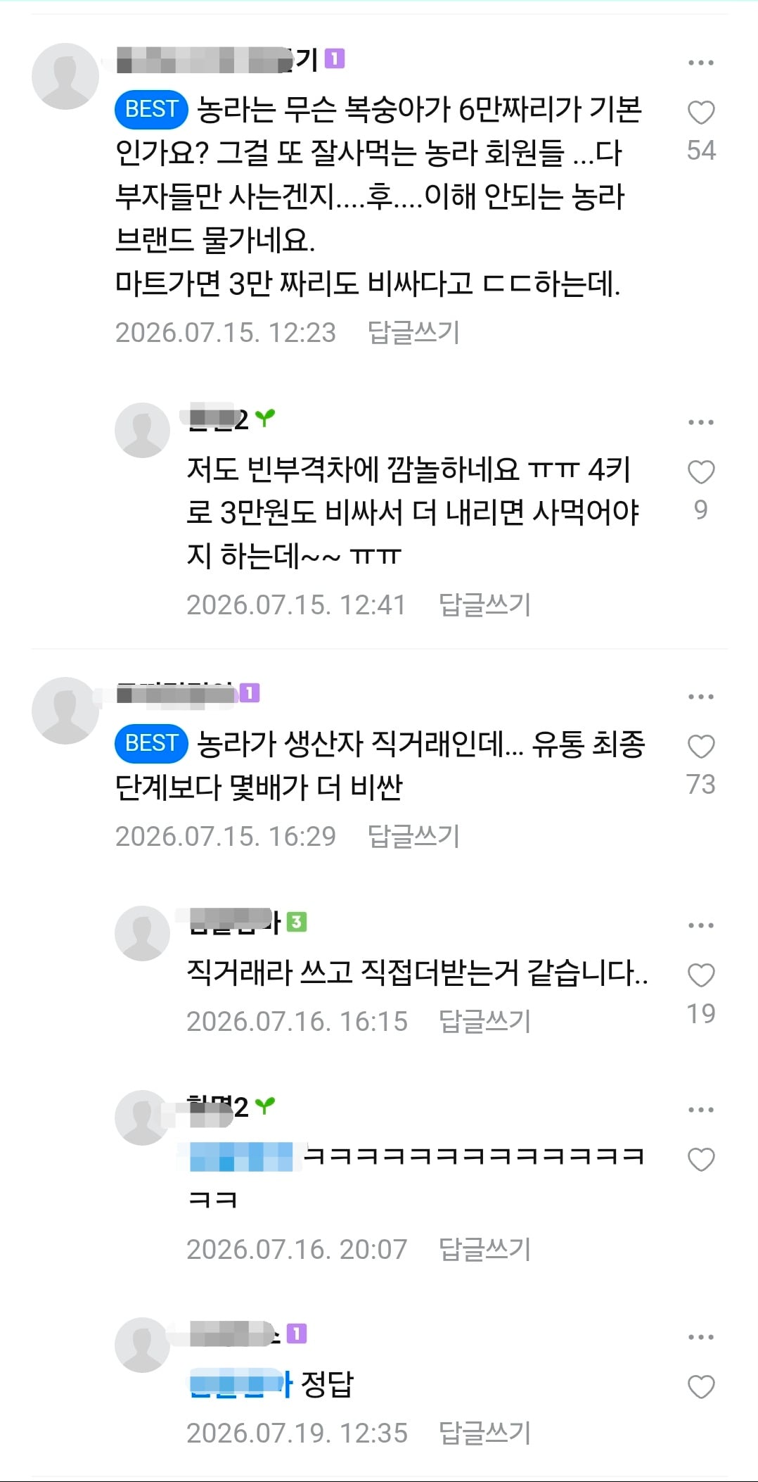 소비자 불만 나오는 중인 농라 카페 복숭아 가격