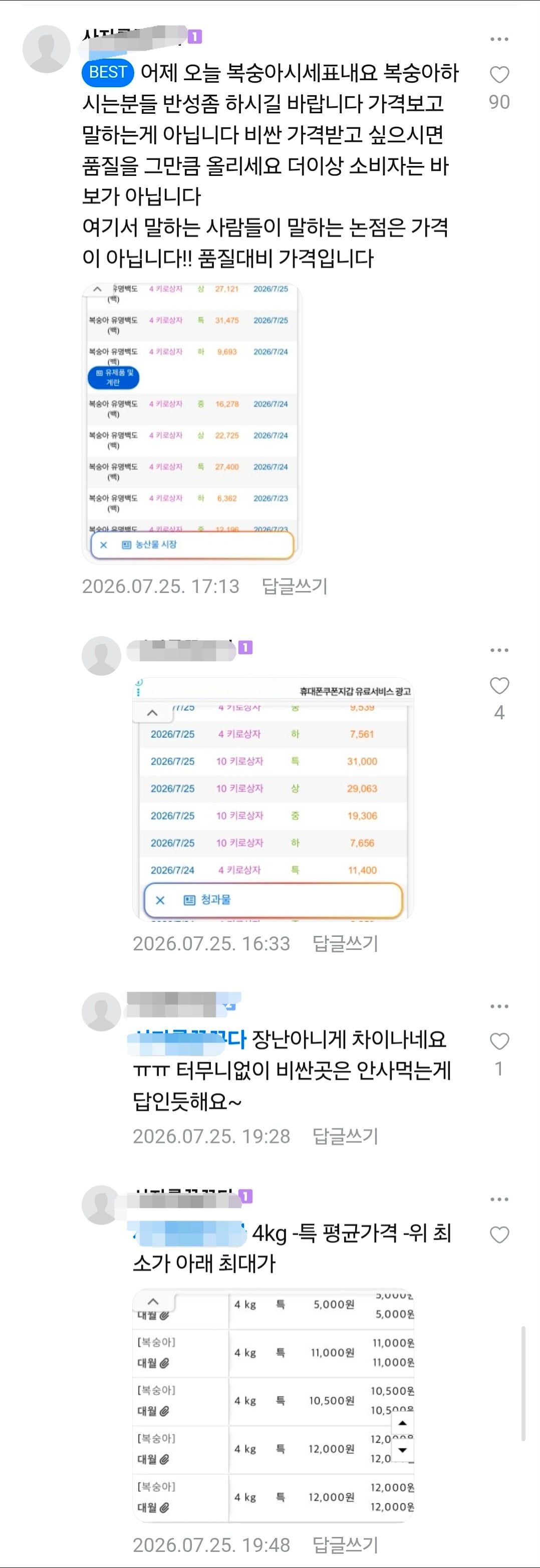 소비자 불만 나오는 중인 농라 카페 복숭아 가격