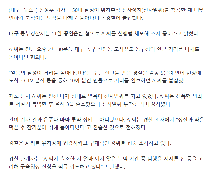 전자발찌 차고 대낮 도심 알몸 활보..출소 5개월 50대 현행범 체포