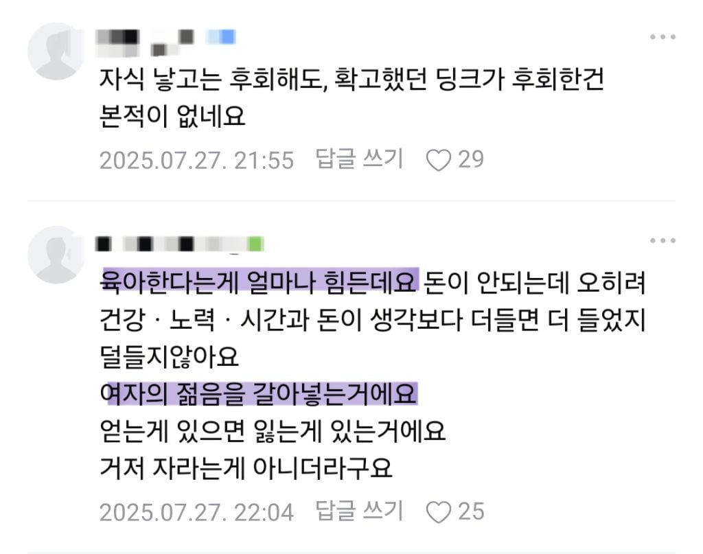 나이있는 미혼,딩크분들 자식없는 삶 후회하나요? (현재 맘카페 댓글 300개 넘는 글)
