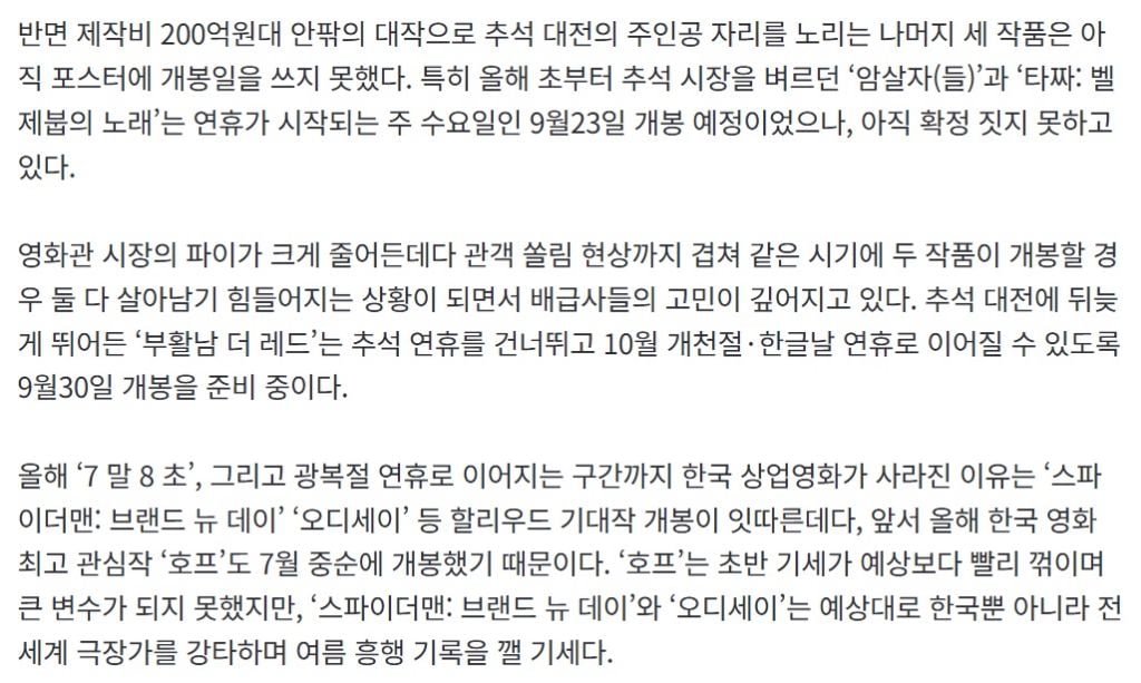 '스파이더맨' '오디세이' 피했더니…한국 영화들, 추석 연휴에 치킨게임