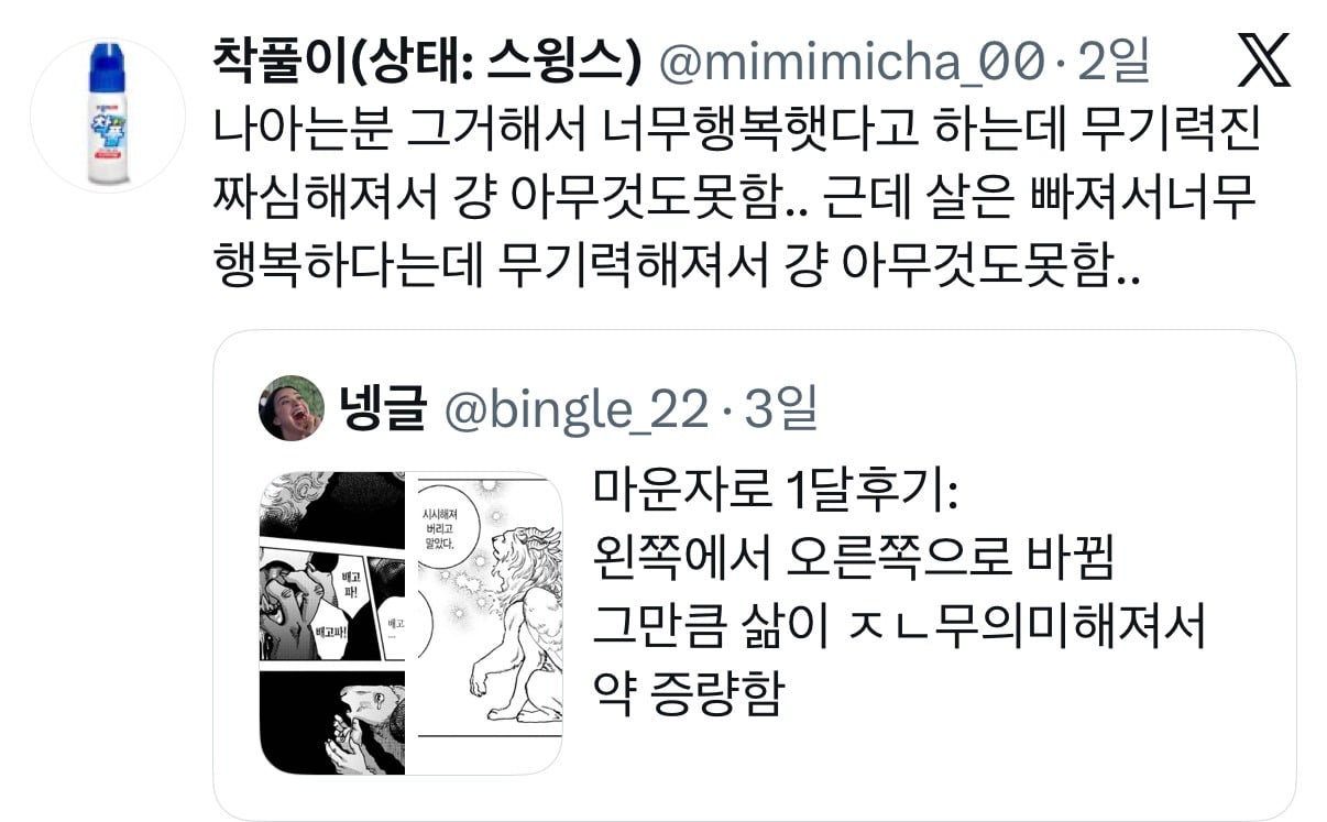 마운자로 한달후기: 왼쪽에서 오른쪽으로 바뀜.twt