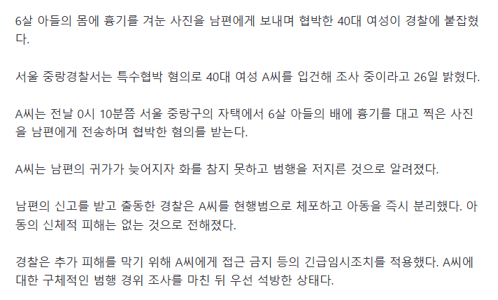 빨리 안 들어와?6살 아들에 흉기 겨누고 남편 협박한 40대 체포