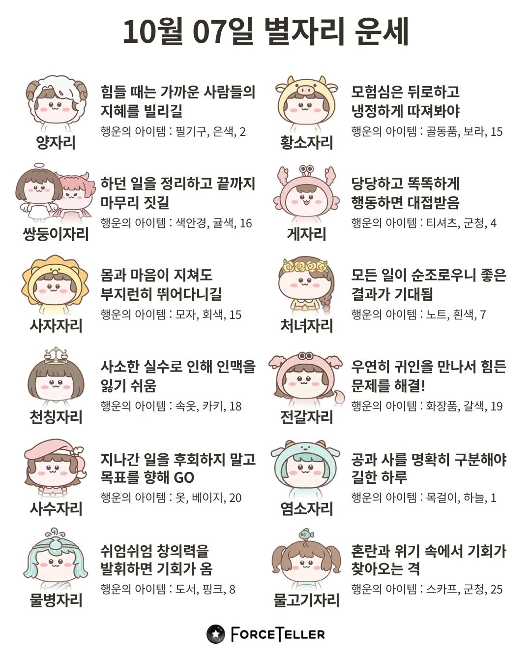 🍀10월 7일 별자리/띠별 운세🍀