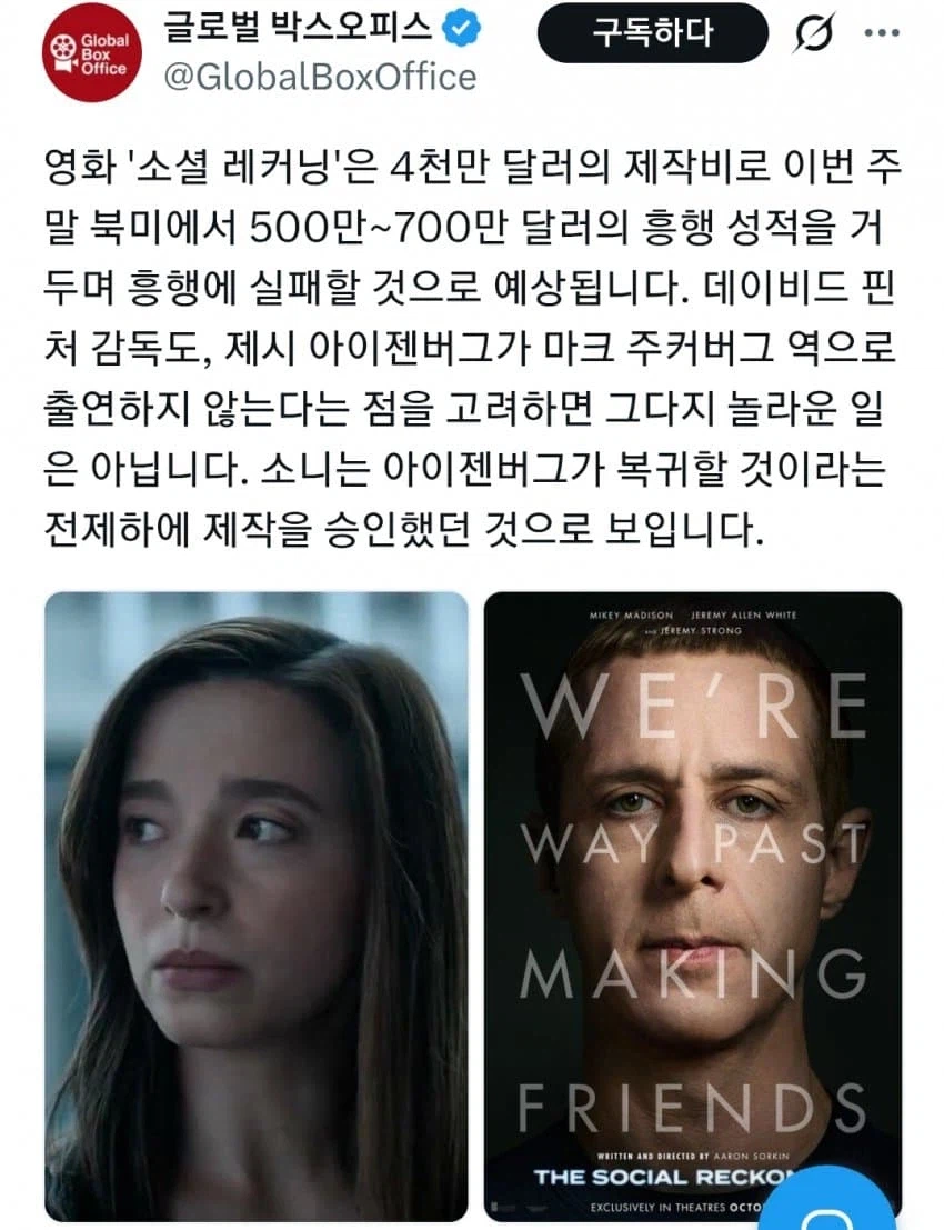 영화) 소셜 네트워크 속편 흥행 폭망