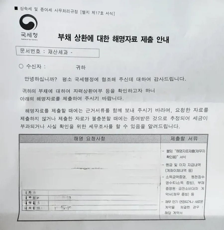 갑자기 큰 돈을 상환하면 국세청에서 받는 우편